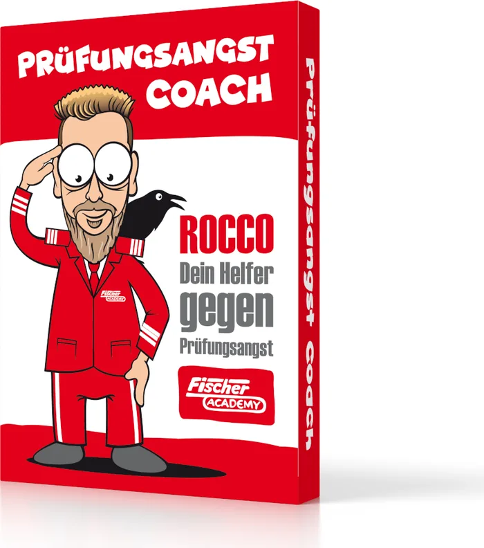 Produktbox PRÜFUNGSANGST COACH der Fischer Academy mit der Figur Rocco